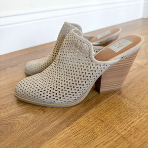 Dolce Vita Kenli Mule Stacked Heel Bootie - Taupe Perforated Faux Leather